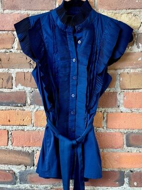 Silvian Heach Navy Blue Pleated Blouse with Pleated Detailing. Size Small